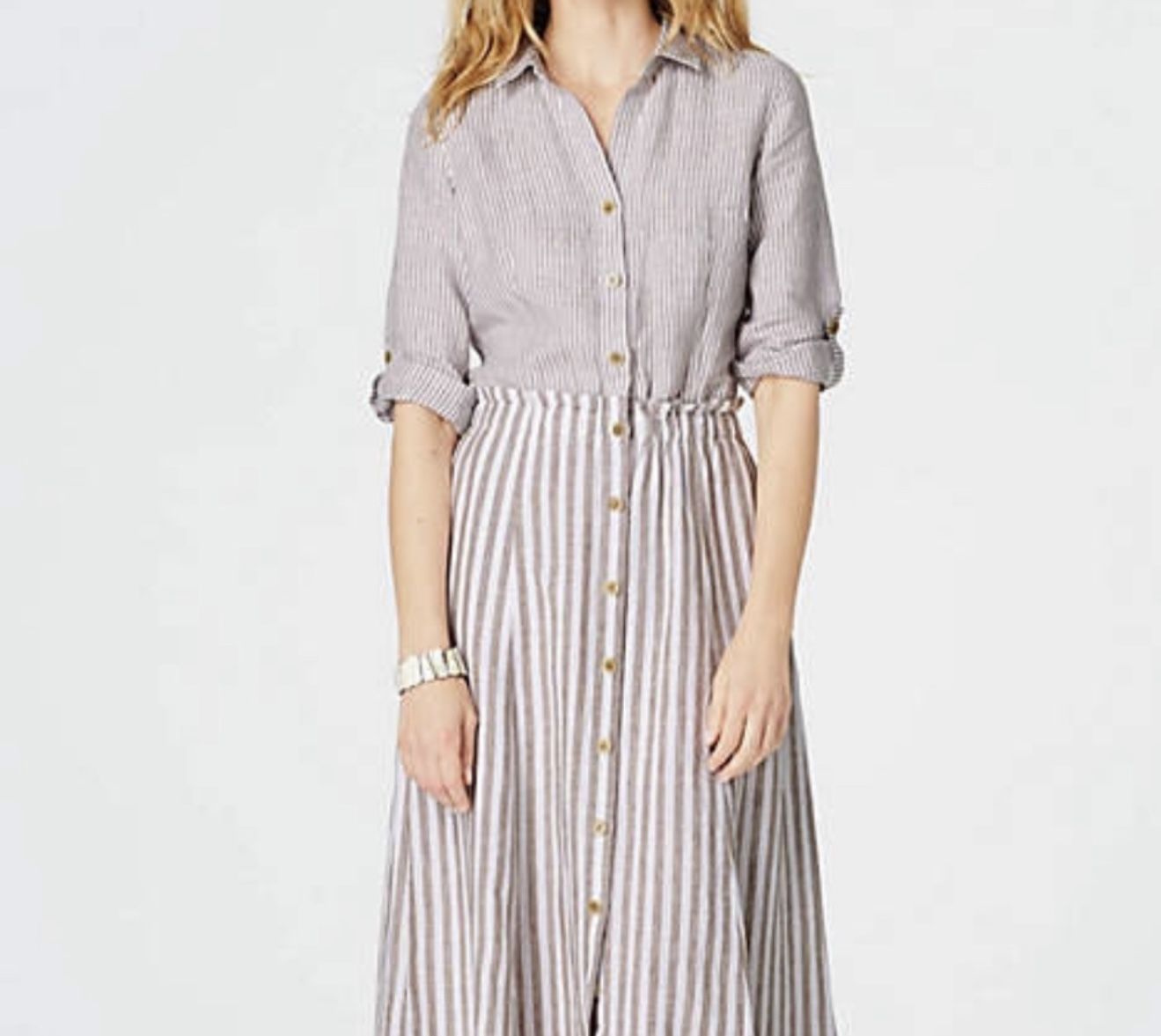 The J.JILL Love 100% Linen Striped Tan/White Button Front Long Dress. Medium
