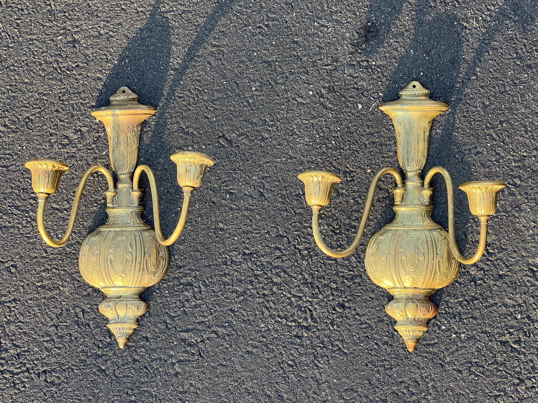 Pair Antique Brass Wall-hanging Candelabra