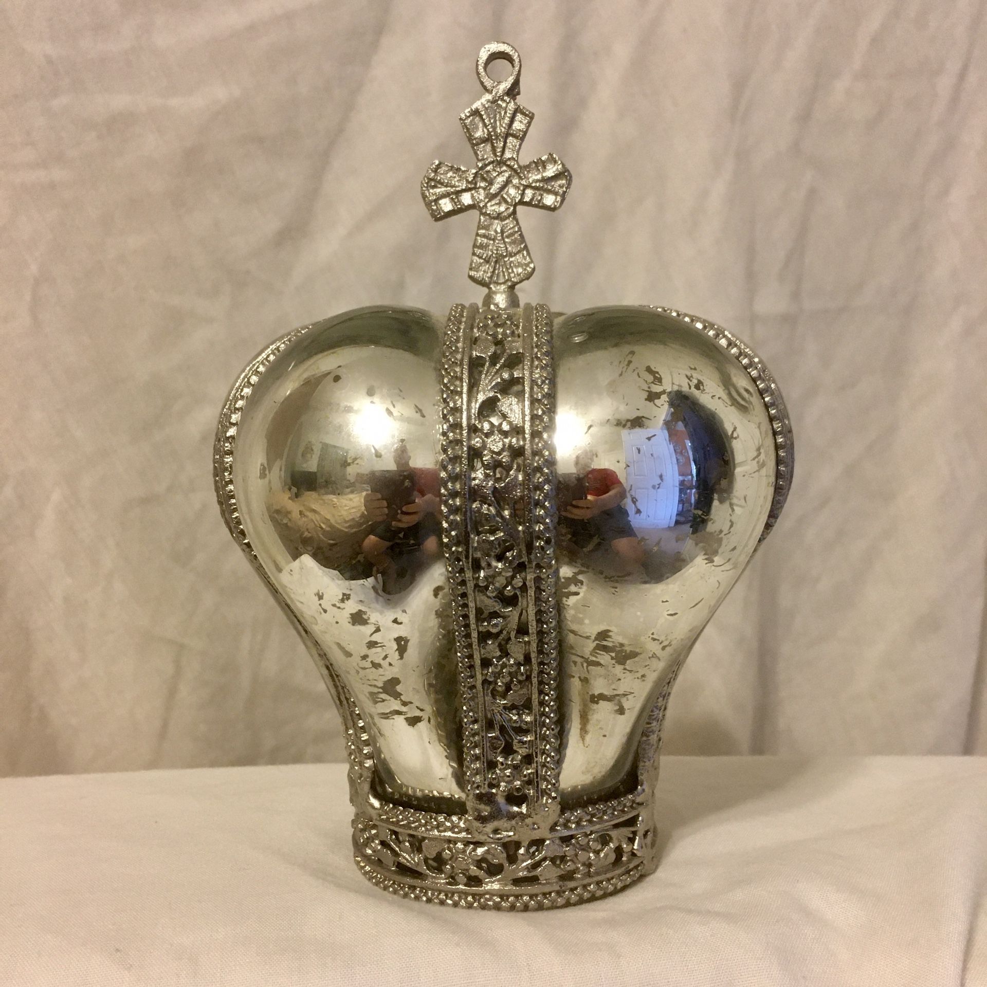 Czech Blown Mercury Glass Crown with Cross