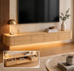 47" 55”71” Floating TV Stand with LED with Drawers Flip-Down Doors, Round Corner, Wood color