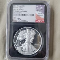 2021 W Silver Eagle Heraldic  Eagle T-1 PF70 Ultra Cameo Signed the 12 Chief engraver John M Mercanti authentic hand sign
