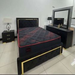 Juego De Dormitorio Negro Y Dorado - Cama - Mesa de Noche y Tocador con Espejo - ENTREGA DE MISMO DÍA DISPONIBLE _ NO SE OCUPA CRÉDITO pa PLANES de PA