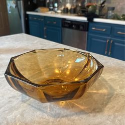 9” Vintage Octagon Amber Glass Bowl