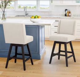 Set Of 2 Joyce 26 in. Modern Linen Fabric Upholstered Swivel Bar Stool with Solid Wood Leg High Back Counter Stool