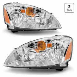 Headlights Assembly for 2002 2003 2004 Nissan Altima Headlamp Replacement Pair for 02 03 04 Nissan Altima w/Chrome Housing Amber Reflector Clear Lens