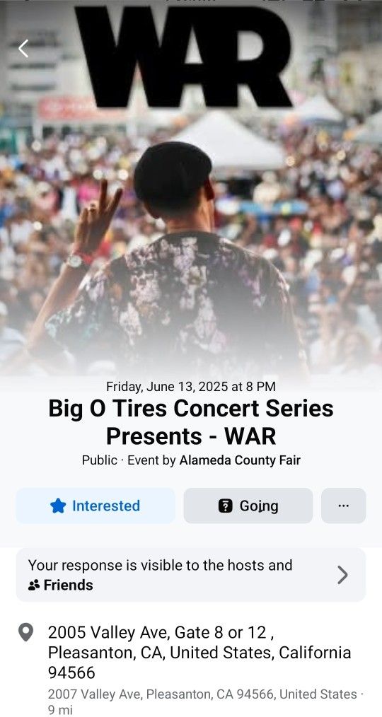 1 Tickets WAR Concert 6/13/25 Pleasanton 8pm