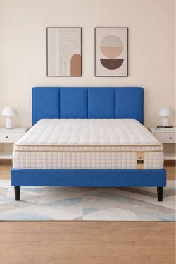 Queen Size Blue Velvet Upholstered Platform Bed Frame