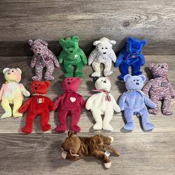 Vintage 1997 - Y2K Era Beanie Babies Bear Collection & Pounce Cat Beanie Baby Lot 