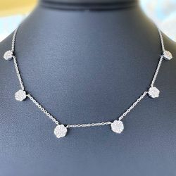 14k solid white gold 2.7CTW Natural Diamond Flower necklace 16” 1.6mm chain
