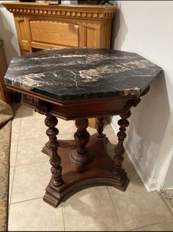 Knoxville Early 1900s Marble Top Carved Side End Lamp Table Octagonal Renaissance Style