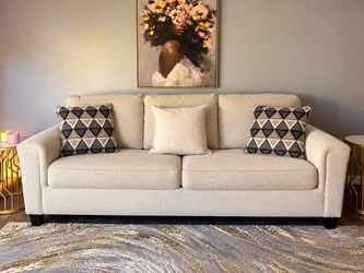 Ashley Beige Fabric 3-Seater Sofa with Throw Pillows