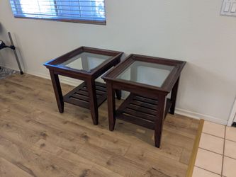 Set of 2 Wood End Tables with Glass Top