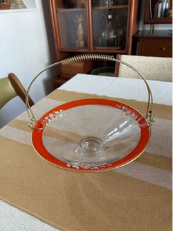 Mid-century Vintage Plate with Decorated Edge and Golden Metal Handle that can be removed
