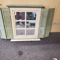 Home Interiors Window Pane Mirror With Shutters Green and Ivory 