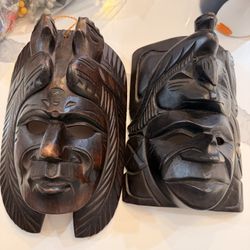 Pair of Hand-Carved Balinese Bird Goddess Masks - Suar Wood Folk Art