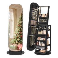 SONGMICS LED Jewelry Cabinet, Lockable 360° Swivel Jewelry Mirror Organizer,