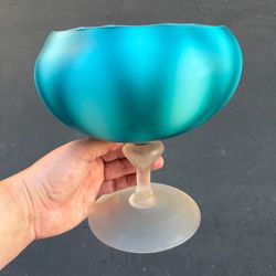 Empoli Italy Glass Optic Pedestal Compote Bowl Cased Blue Satin Vintage Italian