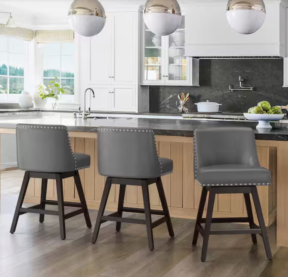 26 in. Dark Gray Wood 360 Free Swivel Upholstered Counter Bar Stool w/Back Performance Faux Leather Bar Stool