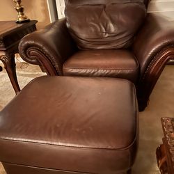 Oversized Leather Chair And Ottoman And Side Table 