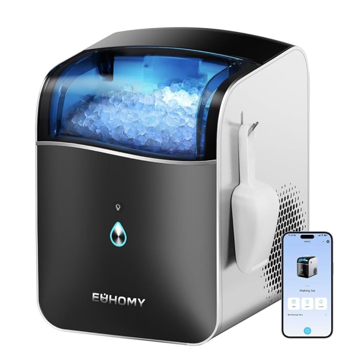 EUHOMY Smart Nugget Ice Maker Countertop, Portable Sonic Ice Maker with APP Control, 40lbs/24H, Ready in 8 Mins, Self-Cleaning, Pebble Ice Machine wit