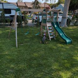 Backyard Discovery Buckley Hill Wooden Swing Set, Made for Small Yards and Younger Children, Two Belt Swings, Fort Rock Clim