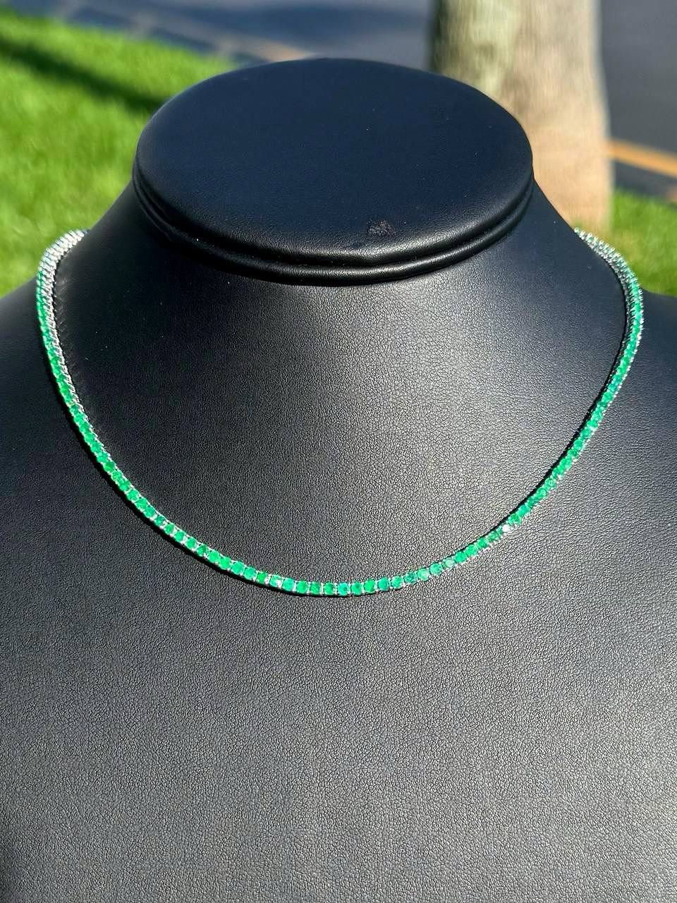 18k solid white gold 8.5CTW Natural Emerald stone tennis chain 16β necklace