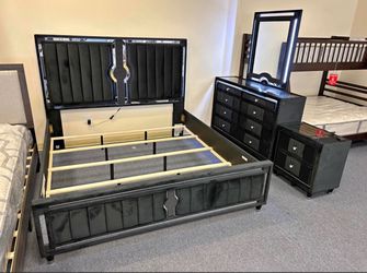 Black Upholstered Bedroom Set with LED Mirror- finance available