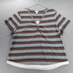 CJ Banks Top Womens 2X Brown Blue Stripe Short Sleeve V-Neck Layer Look T-Shirt