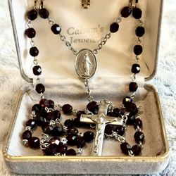 Deep Red Garnet Rosary Prayer Beads / Necklace In Original Velvet Box