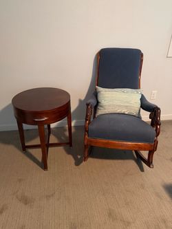 Vintage Blue Arm Rocking Chair and wooden oval side table