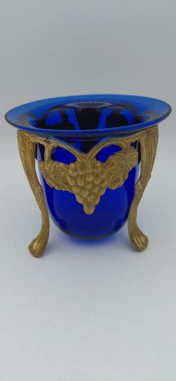 Vintage Cobalt Blue Glass With Metal Stand
