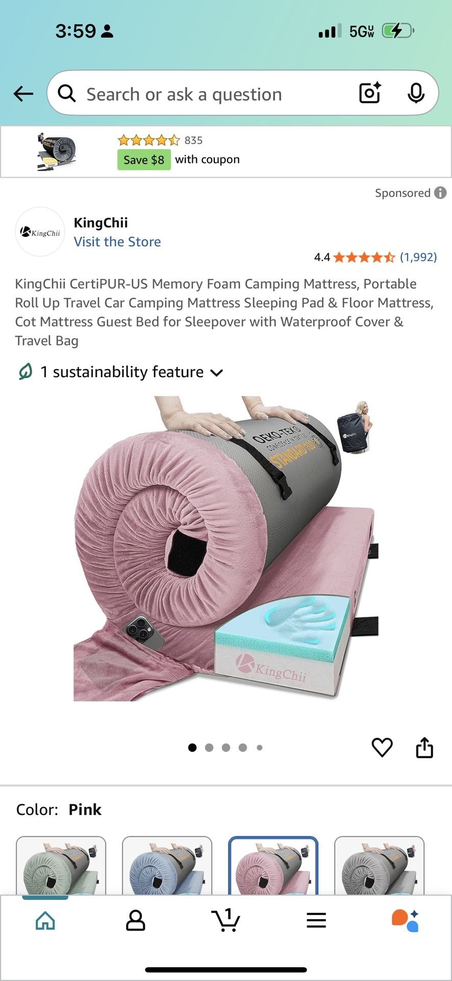 KingChii CertiPUR-US Memory Foam Camping Mattress, Portable Roll Up Travel Car Camping Mattress Sleeping Pad & Floor Mattress, Cot Mattress Guest Bed