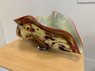 Brown and Red Hand-Blown Glass Clamshell Vase with Irridescent Interior