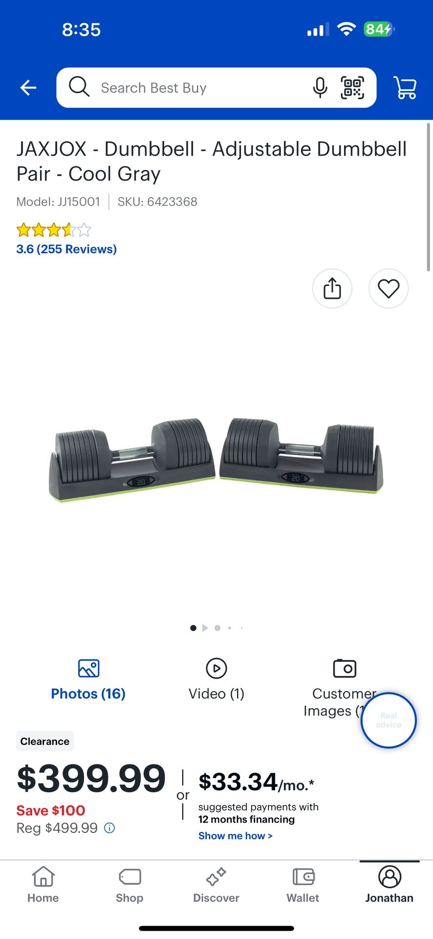 The JAXJOX Dumbbell is a digital dumbbell set offering two adjustable dumbbells ranging from 8-50 lb