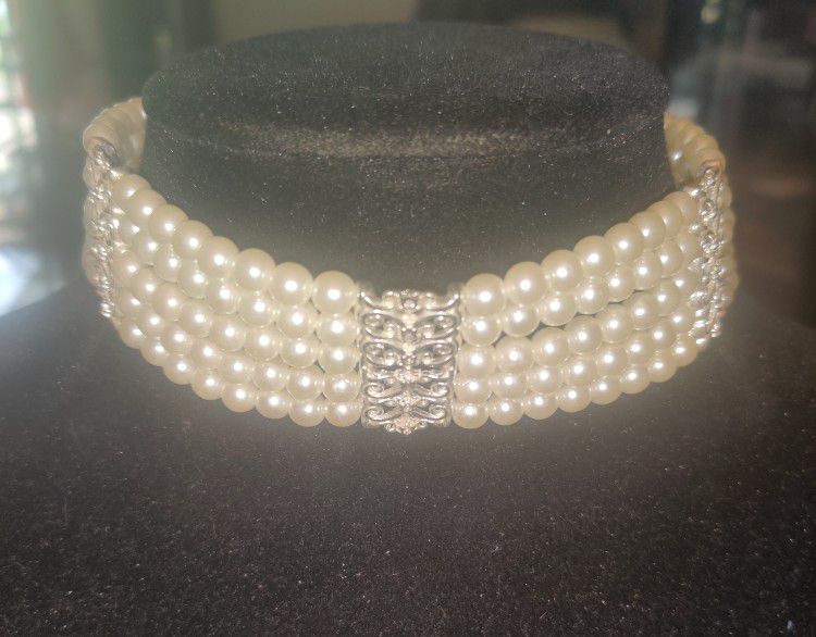 Bridal Choker 5 Strand Faux Pearl Necklace Vintage