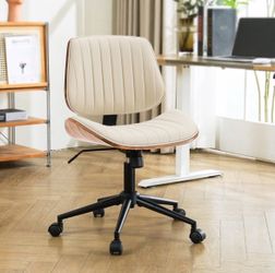 Home Office Desk Chair with Wheels, Modern PU Leather Swivel Computer Chair, Armless Upholstered Cirss Cross Vanity Chair for Home Office, Reading, Me