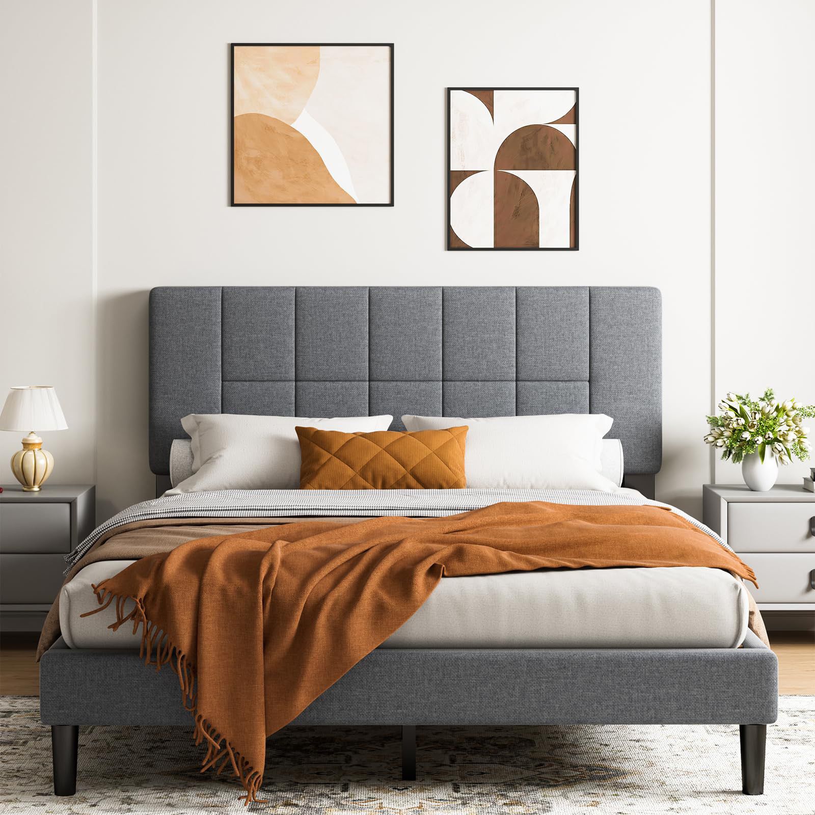 Queen Size Bed Frame, Sturdy and Durable with 12 Support Legs, 1300 lbs Capacity, Solid Wooden Upholstered Adjustable Headboard for 6"-12" Mattresses,