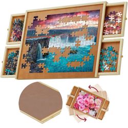 1000 Piece Wooden Jigsaw Puzzle Board - 4 Drawers, Rotating Puzzle Table | 30" X 22" Jigsaw Puzzle Table | Puzzle Cover Included 