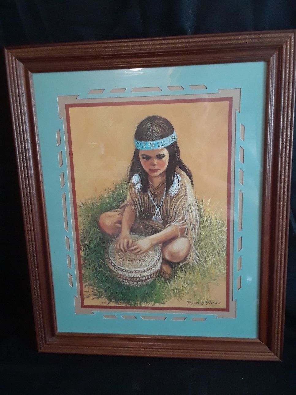 Native Indian Girl Print signed by Marjorie M. Anderson Framed 23.5" x 19