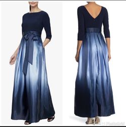 New SLNY Navy Wedgewood Blue Tie Waist Ombre Skirt Gown Formal Party Dress Sz-