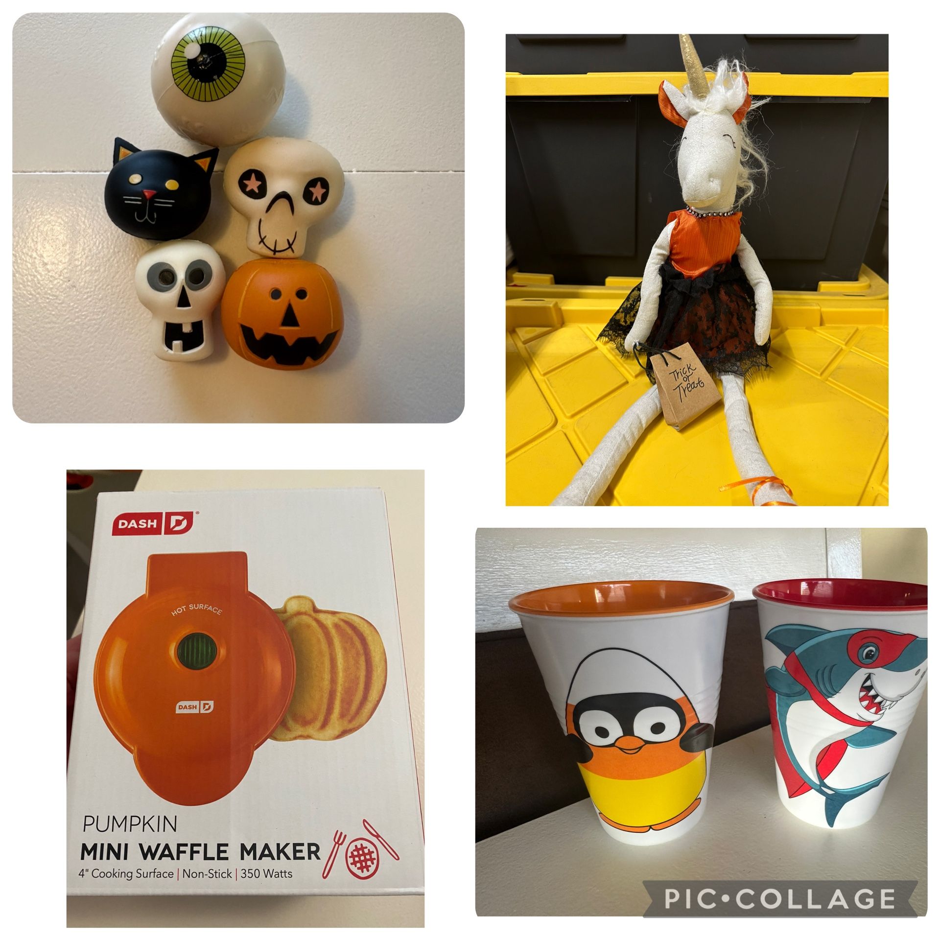 Halloween Bundle (Brand New Mini Waffle Maker, Squishy Toys & Unicorn & Halloween Cups) All For $17