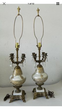 Set of 2 vintage 4-candle candelabra / table lamp brass marble base crystals 44"