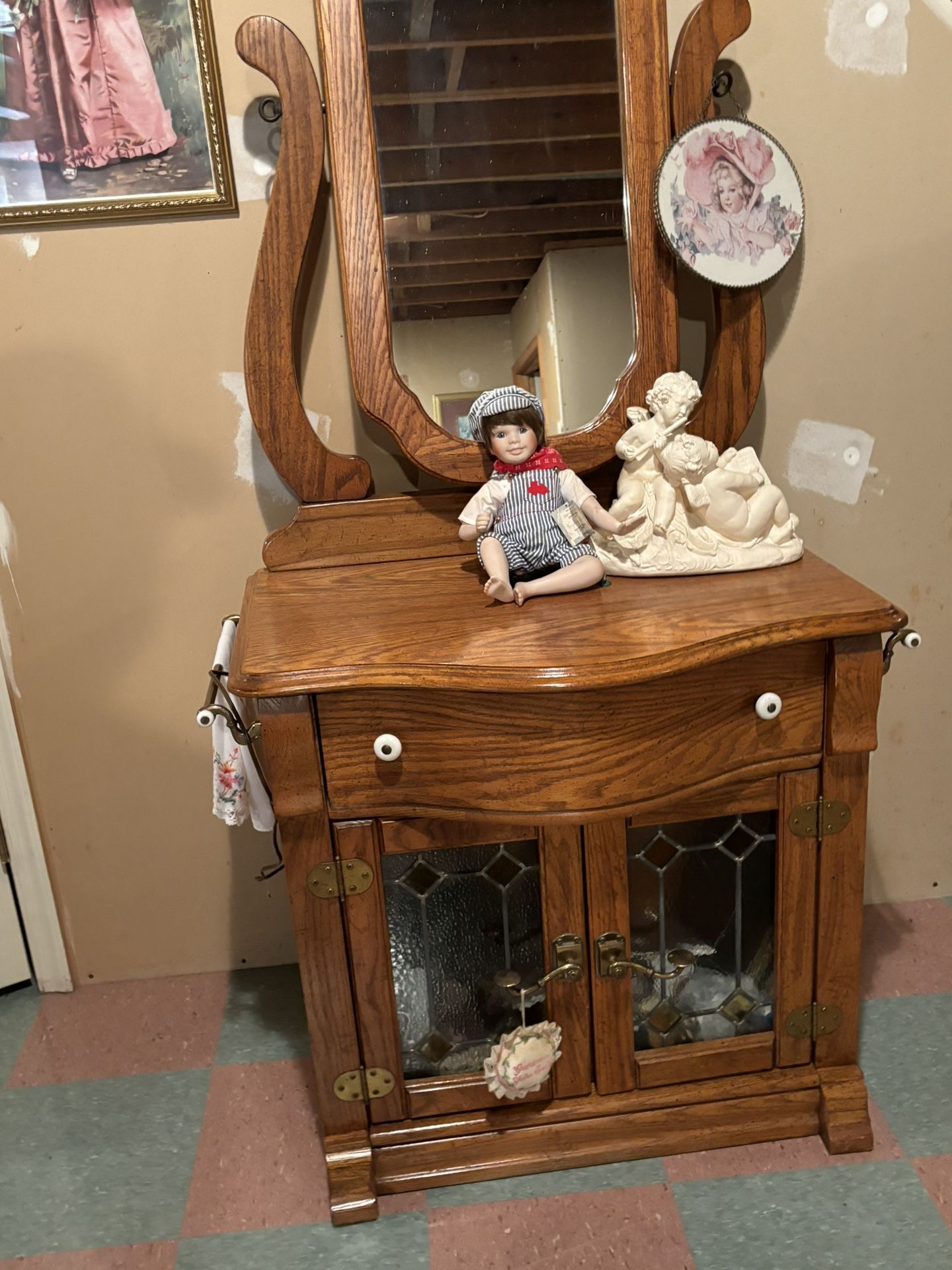 Antique Reproduction Lighted Curio Cabinet With Mirror