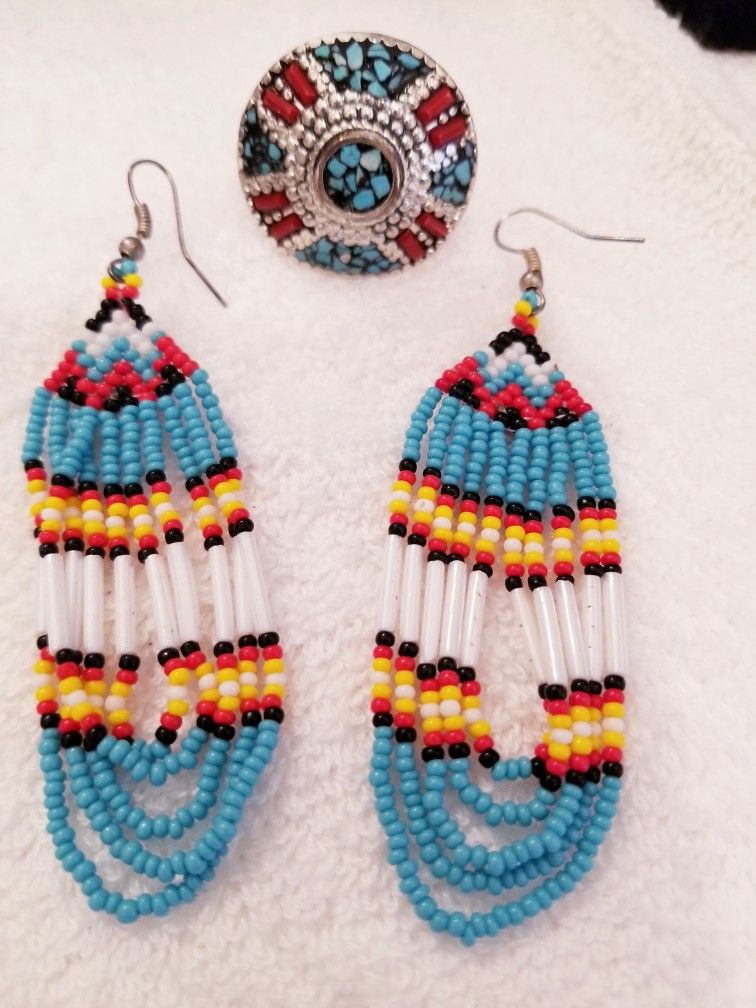 American Indian Turquoise Ring Size 7 with Handmade Earrings