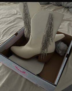 White Cowboy Boots with Rhinestone Fringe