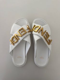 Fendi White/Gold Logo Slide Sandals Slip On Casual Solid EU 39