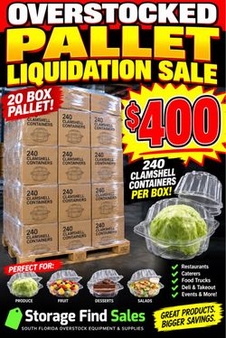 🔥 OVERSTOCK PALLET LIQUIDATION — $400 DELIVERED! 🔥  Brand-new head-lettuce-style clear clamshell containers. 📦 20 boxes per pallet 🥬 240 container