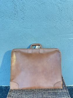 Vintage Brown Leather Suitcase Braniff Airline Tag 1982 Travel Luggage