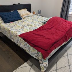 Modern Black Faux Leather Platform Bed Frame - Queen Size