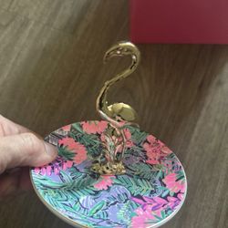 Lilly Pulitzer Painted Palm Flamingo Ring Dish Gold Jewelry Trinket Tray 